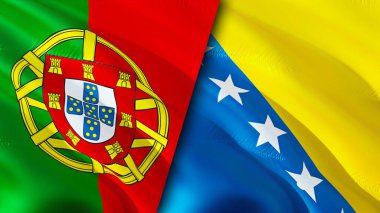 Portekiz ve Bosna-Hersek bayrakları. 3 boyutlu dalgalanan bayrak tasarımı. Portekiz Bosna-Hersek bayrağı, resmi, duvar kağıdı. Portekiz, Bosna-Hersek 'e karşı, görüntü 3D. Portekiz Bosna