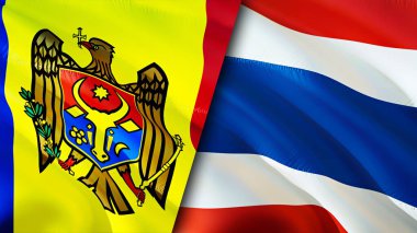 Moldova ve Tayland bayrakları. 3 boyutlu dalgalanan bayrak tasarımı. Moldova Tayland bayrağı, resim, duvar kağıdı. Moldova, Tayland görüntüsüne karşı, 3 boyutlu görüntüleme. Moldova Tayland ilişkileri ittifak ve ticaret, seyahat, turnuva