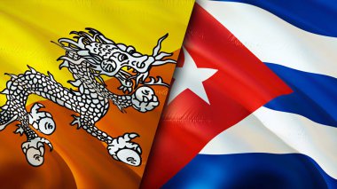 Butan ve Küba bayrakları. 3 boyutlu dalgalanan bayrak tasarımı. Butan Küba bayrağı, resim, duvar kağıdı. Bhutan, Küba imajına karşı, 3D görüntüleme. Butan Küba ilişkileri ittifak ve ticaret, seyahat, turizm konsepti