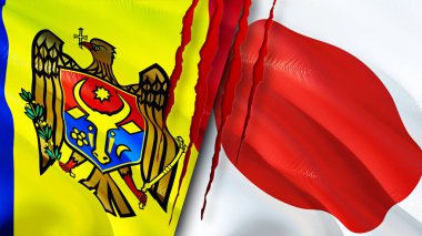 Moldova ve Japonya yara izi kavramına sahip bayraklar. Dalgalanan bayrak, 3 boyutlu görüntüleme. Moldova ve Japonya çatışma konsepti. Moldova Japonya ilişkileri kavramı. Moldova ve Japonya bayrağı kriz, savaş, saldırı konsepti