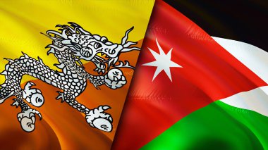 Butan ve Jordan bayrakları. 3 boyutlu dalgalanan bayrak tasarımı. Butan Jordan bayrağı, resim, duvar kağıdı. Bhutan, Jordan imajına karşı, 3D görüntüleme. Butan Ürdün ilişkileri ittifak ve ticaret, seyahat, turizm konsepti