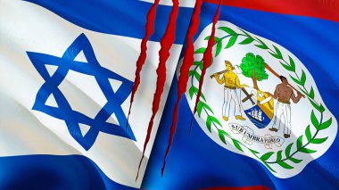 Yara izi olan İsrail ve Belize bayrakları. Dalgalanan bayrak, 3 boyutlu görüntüleme. İsrail ve Belize çatışma konsepti. Israel Belize ilişkileri kavramı. İsrail bayrağı ve Belize krizi, savaş, saldırı konsepti