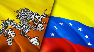 Butan ve Venezuela bayrakları. 3 boyutlu dalgalanan bayrak tasarımı. Butan Venezuela bayrağı, resim, duvar kağıdı. Bhutan, Venezuela 'ya karşı, görüntü 3 boyutlu. Butan Venezuela ilişkileri ittifak ve ticaret, seyahat, turnuva