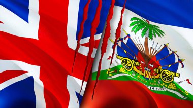 Birleşik Krallık ve Haiti bayrakları yara izi konseptiyle. Dalgalanan bayrak, 3 boyutlu görüntüleme. Birleşik Krallık ve Haiti çatışma konsepti. Birleşik Krallık Haiti ilişkileri kavramı. Birleşik Krallık ve Hait bayrağı