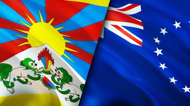 Tibet ve Cook Adaları yara izi olan bayraklar. Dalgalanan bayrak, 3 boyutlu görüntüleme. Tibet ve Cook Adaları çatışma konsepti. Tibet Cook Adaları ilişkileri kavramı. Tibet ve Cook Adaları bayrağı krizi, savaş