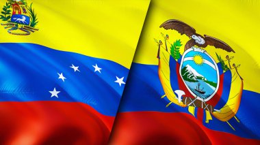 Venezuela ve Ekvador bayrakları. 3 boyutlu dalgalanan bayrak tasarımı. Venezuela Ekvador bayrağı, resim, duvar kağıdı. Venezuela Ekvador 'a karşı, görüntü 3 boyutlu. Venezuela Ekvador ilişkileri ittifak ve ticaret, seyahat, turnuva