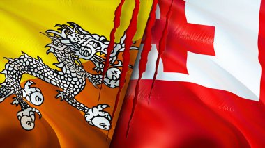 Bhutan ve Tonga bayrakları ve yara izi konsepti. Dalgalanan bayrak, 3 boyutlu görüntüleme. Butan ve Tonga çatışma konsepti. Butan Tonga ilişkileri kavramı. Bhutan ve Tonga bayrağı krizi, savaş, saldırı konsepti