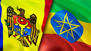 Moldova ve Etiyopya bayrakları. 3 boyutlu dalgalanan bayrak tasarımı. Moldova Etiyopya bayrağı, resim, duvar kağıdı. Moldova Etiyopya 'ya karşı, görüntü 3 boyutlu. Moldova Etiyopya ilişkileri ittifak ve ticaret, seyahat, turnuva
