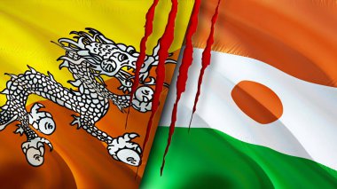 Bhutan ve Nijer bayrakları yara izi konseptiyle. Dalgalanan bayrak, 3 boyutlu görüntüleme. Butan ve Nijer çatışması konsepti. Butan Nijer ilişkileri kavramı. Bhutan ve Nijer bayrağı krizi, savaş, saldırı konsepti