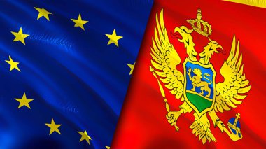 Avrupa Birliği ve Karadağ bayrakları. 3 boyutlu dalgalanan bayrak tasarımı. Avrupa Birliği Karadağ bayrağı, resmi, duvar kağıdı. Avrupa Birliği, Karadağ 'ın imajına karşı, 3D görüntüleme. Avrupa Birliği Karadağ ilişkileri