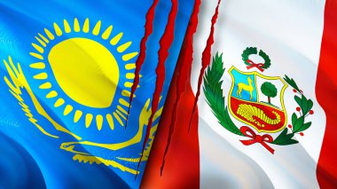 Yara izi olan Kazakistan ve Peru bayrakları. Dalgalanan bayrak, 3 boyutlu görüntüleme. Kazakistan ve Peru çatışma konsepti. Kazakistan Peru ilişkileri kavramı. Kazakistan bayrağı ve Peru krizi, savaş, saldırı konsepti