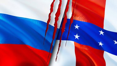 Rusya ve Hollanda Antilleri yara izi kavramına sahip bayraklar. Dalgalanan bayrak, 3 boyutlu görüntüleme. Rusya ve Hollanda Antilleri çatışma konsepti. Rusya Hollanda Antiller ilişkileri konsepti. Rusya bayrağı