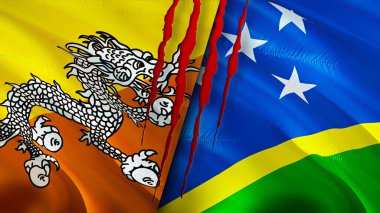 Bhutan ve Solomon Adaları yara izi olan bayraklar. Dalgalanan bayrak, 3 boyutlu görüntüleme. Butan ve Solomon Adaları çatışma konsepti. Bhutan Solomon Adaları ilişkileri kavramı. Bhutan ve Solomo bayrağı