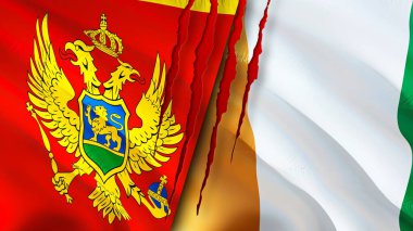 Karadağ ve Fildişi Sahili yara izi konseptli bayraklar. Dalgalanan bayrak, 3 boyutlu görüntüleme. Karadağ ve Cote d 'Ivoire ihtilaf kavramı. Karadağ Fildişi Sahili İlişkileri konsepti. Karadağ bayrağı ve Cot