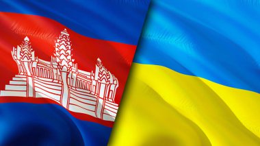 Kamboçya ve Ukrayna bayrakları. 3 boyutlu dalgalanan bayrak tasarımı. Kamboçya Ukrayna bayrağı, resim, duvar kağıdı. Kamboçya, Ukrayna 'ya karşı, 3 boyutlu görüntü. Kamboçya Ukrayna ilişkileri ittifak ve ticaret, seyahat, turnuva