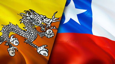 Butan ve Şili bayrakları. 3 boyutlu dalgalanan bayrak tasarımı. Butan Şili bayrağı, resim, duvar kağıdı. Bhutan, Şili 'ye karşı, görüntü 3 boyutlu. Bhutan Şili ilişkileri ittifak ve ticaret, seyahat, turizm konsepti