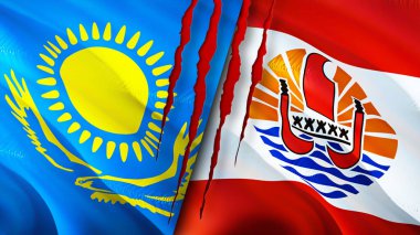 Yara izi olan Kazakistan ve Fransız Polinezyası bayrakları. Dalgalanan bayrak, 3 boyutlu görüntüleme. Kazakistan ve Fransız Polinezyası çatışma konsepti. Kazakistan Fransız Polinezyası ilişkileri kavramı. Kazakistan bayrağı