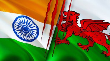 Yara izi olan Hindistan ve Galler bayrakları. Dalgalanan bayrak, 3 boyutlu görüntüleme. Hindistan ve Galler çatışması konsepti. Hindistan Galler ilişkileri kavramı. Hindistan ve Galler bayrağı krizi, savaş, saldırı konsepti