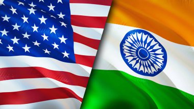 ABD ve Hindistan bayrakları. 3 boyutlu dalgalanan bayrak tasarımı. Amerikan bayrağı, resim, duvar kağıdı. ABD, Hindistan 'a karşı, görüntü 3 boyutlu. ABD Hindistan ilişkileri ittifak ve ticaret, seyahat, turizm konsepti