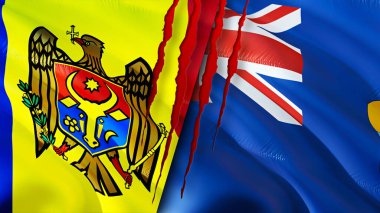 Moldova ve Saint Helena bayrakları yara izi konseptiyle. Dalgalanan bayrak, 3 boyutlu görüntüleme. Moldova ve Saint Helena çatışma konsepti. Moldova Saint Helena ilişkileri kavramı. Moldova bayrağı ve Aziz Helen