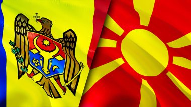 Moldova ve Kuzey Makedonya bayrakları. 3 boyutlu dalgalanan bayrak tasarımı. Moldova Kuzey Makedonya bayrağı, resim, duvar kağıdı. Moldova, Kuzey Makedonya 'ya karşı, görüntü 3D. Moldova Kuzey Makedonya ilişkileri ittifak