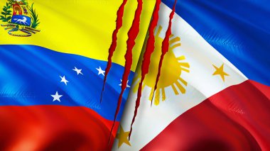 Venezuela ve Filipinler yara izi olan bayraklar. Dalgalanan bayrak, 3 boyutlu görüntüleme. Venezuela ve Filipinler çatışması konsepti. Venezuela Filipinler ilişkileri kavramı. Venezuela ve Filipin bayrağı