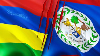 Mauritius ve Belize bayrakları yara izi konseptiyle. Dalgalanan bayrak, 3 boyutlu görüntüleme. Mauritius ve Belize çatışma konsepti. Mauritius Belize ilişki kavramı. Mauritius ve Belize bayrağı kriz, savaş, attac