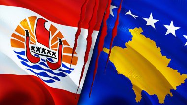 Fransız Polinezyası ve yara izi konseptli Kosova bayrakları. Dalgalanan bayrak, 3 boyutlu görüntüleme. Fransız Polinezyası ve Kosova ihtilafı kavramı. Fransız Polinezyası Kosova ilişkileri kavramı. Fransız Polinezyası bayrağı