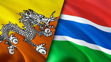 Butan ve Gambiya bayrakları. 3 boyutlu dalgalanan bayrak tasarımı. Butan Gambiya bayrağı, resim, duvar kağıdı. Bhutan Gambiya 'ya karşı, görüntü 3 boyutlu. Butan Gambiya ilişkileri ittifak ve ticaret, seyahat, turizm konsepti