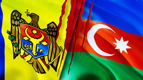 Moldova and Azerbaijan flags with scar concept. Waving flag,3D rendering. Moldova and Azerbaijan conflict concept. Moldova Azerbaijan relations concept. flag of Moldova and Azerbaijan crisis,war