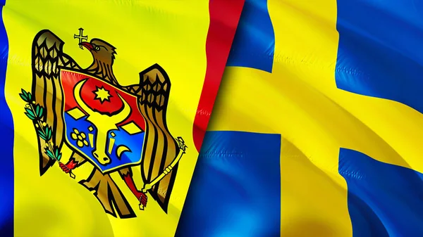 Moldova and Sweden flags. 3D Waving flag design. Moldova Sweden flag, picture, wallpaper. Moldova vs Sweden image,3D rendering. Moldova Sweden relations alliance and Trade,travel,tourism concep
