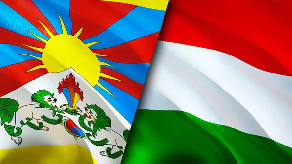 Tibet and Hungary flags with scar concept. Waving flag,3D rendering. Tibet and Hungary conflict concept. Tibet Hungary relations concept. flag of Tibet and Hungary crisis,war, attack concep