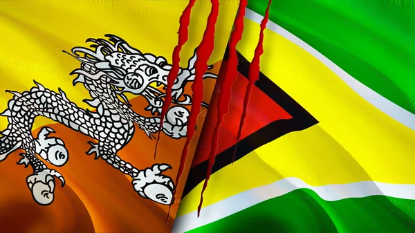 Banderas Bután Guyana Con Concepto Cicatriz Bandera Ondeante Representación Bután —  Fotos de Stock