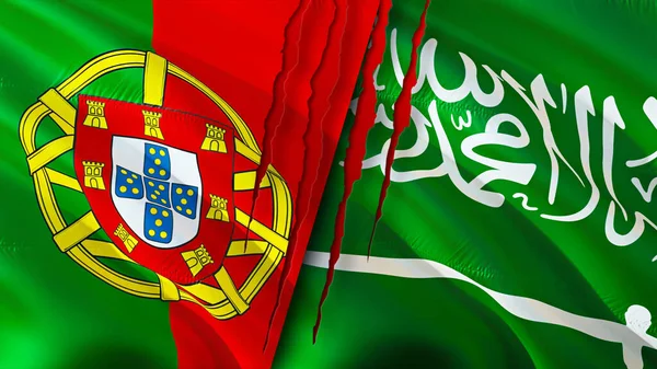 Portugal and Saudi Arabia flags with scar concept. Waving flag,3D rendering. Portugal and Saudi Arabia conflict concept. Portugal Saudi Arabia relations concept. flag of Portugal and Saudi Arabi