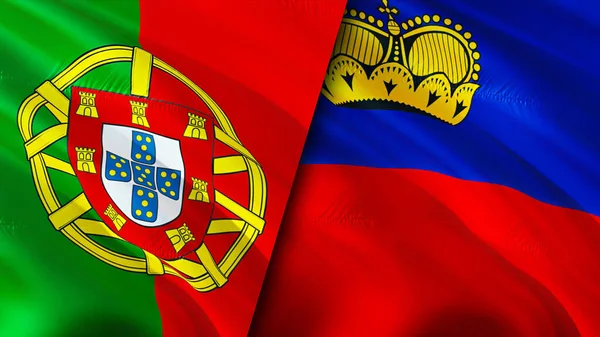 ポルトガルとリヒテンシュタインの国旗 3D波動旗のデザイン ポルトガルリヒテンシュタインの旗 ポルトガル対リヒテンシュタインの画像 3Dレンダリング ポルトガルリヒテンシュタイン関係 — ストック写真