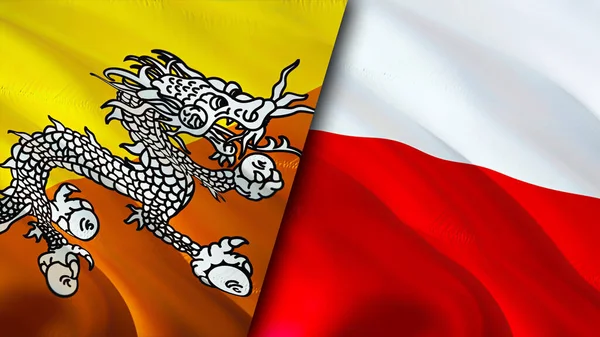 Bhutan and Poland flags. 3D Waving flag design. Bhutan Poland flag, picture, wallpaper. Bhutan vs Poland image,3D rendering. Bhutan Poland relations alliance and Trade,travel,tourism concep
