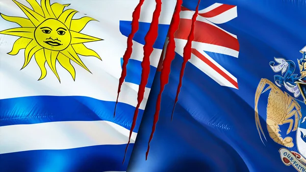 乌拉圭和特里斯坦 达库尼亚带有伤疤概念的国旗 飘扬的旗帜 3D渲染 乌拉圭和特里斯坦 达库尼亚冲突概念 乌拉圭特里斯坦 达库尼亚关系概念 乌拉圭国旗和特里斯坦国旗 — 图库照片