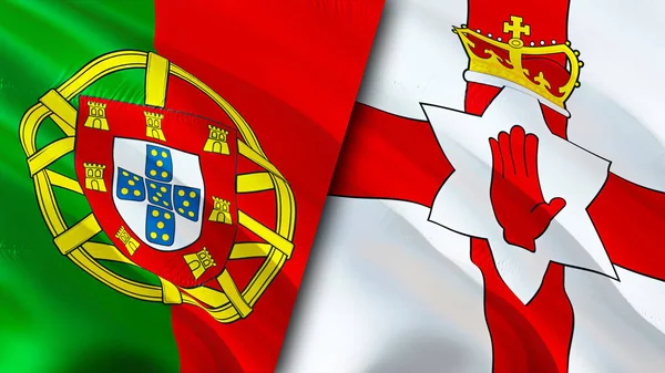 ポルトガルと北アイルランドの旗 3D波動旗のデザイン ポルトガル北アイルランドの旗 ポルトガル対北アイルランドの画像 3Dレンダリング ポルトガル北アイルランド関係 — ストック写真
