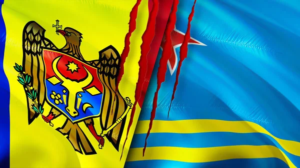 Moldavia Aruba Banderas Con Concepto Cicatriz Bandera Ondeante Representación Moldavia —  Fotos de Stock