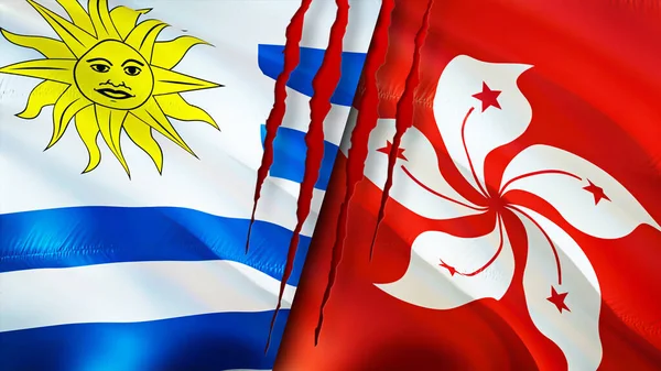 Uruguay and Hong Kong flags with scar concept. Waving flag,3D rendering. Uruguay and Hong Kong conflict concept. Uruguay Hong Kong relations concept. flag of Uruguay and Hong Kong crisis,war, attac