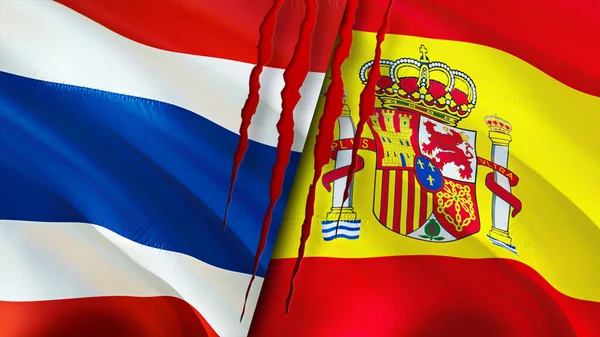 泰国和西班牙的国旗上有疤痕的概念 飘扬的旗帜 3D渲染 泰国和西班牙冲突概念 西班牙关系概念 泰国和西班牙国旗危机 — 图库照片