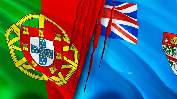 Portekiz Fiji Bayrakları Yara Izi Konseptiyle Dalgalanan Bayrak Boyutlu Görüntüleme — Stok fotoğraf