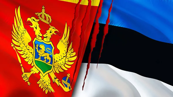 Montenegro and Estonia flags with scar concept. Waving flag,3D rendering. Montenegro and Estonia conflict concept. Montenegro Estonia relations concept. flag of Montenegro and Estonia crisis,war