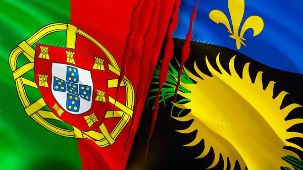 ポルトガルとグアドループは傷の概念でフラグを立てます 旗を振って3Dレンダリング ポルトガルとグアドループ紛争の概念 ポルトガル グアドループ関係の概念 ポルトガルとグアドループの国旗 — ストック写真