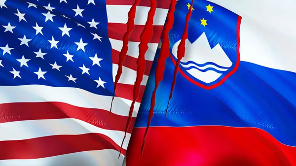 USA and Slovenia flags with scar concept. Waving flag,3D rendering. USA and Slovenia conflict concept. USA Slovenia relations concept. flag of USA and Slovenia crisis,war, attack concep