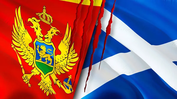 Montenegro and Scotland flags with scar concept. Waving flag,3D rendering. Montenegro and Scotland conflict concept. Montenegro Scotland relations concept. flag of Montenegro and Scotlan