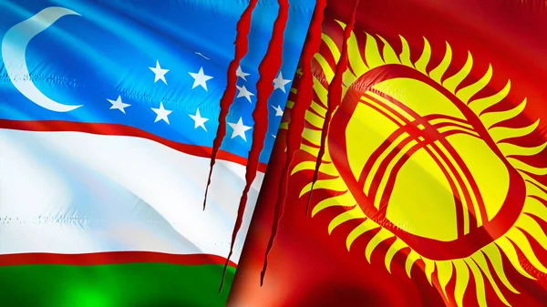 Uzbekistán Kirguistán Banderas Con Concepto Cicatriz Bandera Ondeante Representación Uzbekistán — Foto de Stock