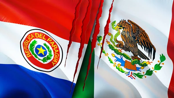 Paraguay and Mexico flags with scar concept. Waving flag,3D rendering. Paraguay and Mexico conflict concept. Paraguay Mexico relations concept. flag of Paraguay and Mexico crisis,war, attack concep