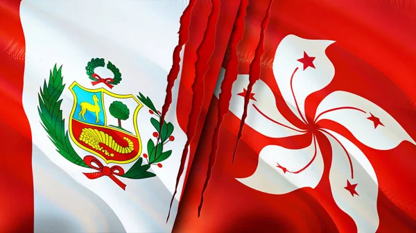Peru and Hong Kong flags with scar concept. Waving flag,3D rendering. Peru and Hong Kong conflict concept. Peru Hong Kong relations concept. flag of Peru and Hong Kong crisis,war, attack concep