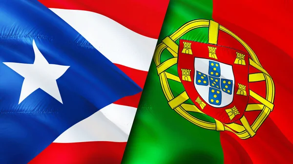 Puerto Rico and Portugal flags. 3D Waving flag design. Puerto Rico Portugal flag, picture, wallpaper. Puerto Rico vs Portugal image,3D rendering. Puerto Rico Portugal relations alliance an